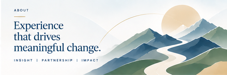 ISG illustration of a winding path through layered mountains beneath a rising sun, captioned “About — Experience that drives meaningful change.”