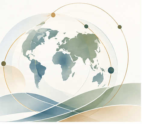 ISG illustration of a translucent globe showing MENA, Africa, Asia and Europe encircled by a connecting orbit of markers.