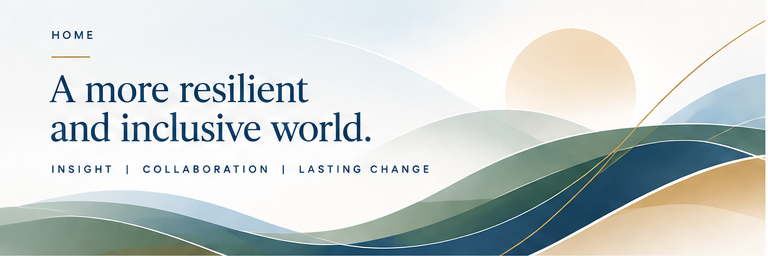 ISG illustration of layered navy, green and gold hills beneath a rising sun, captioned “Home — A more resilient and inclusive world.”