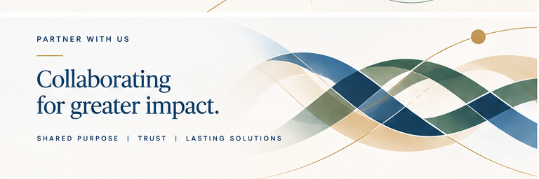 ISG illustration of interwoven navy, green and gold ribbons, captioned “Partner With Us — Collaborating for greater impact.”