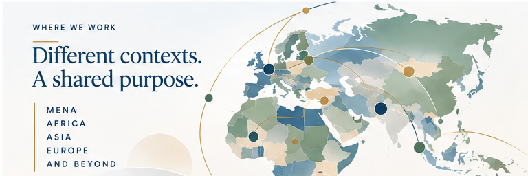 ISG illustration of a world map spanning MENA, Africa, Asia, Europe and beyond, with connecting arcs, captioned “Where We Work — Different contexts. A shared purpose.”